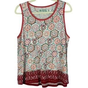 Aventura Red White Geometric Patterned Organic Cotton Floral Large Tank Top